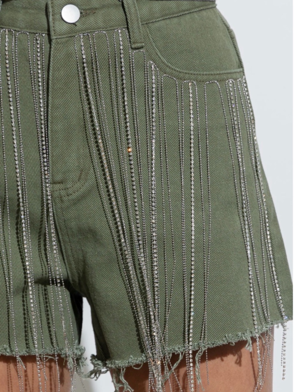 Olive Green Diamond Fringe Western High-Waist Women's Shorts